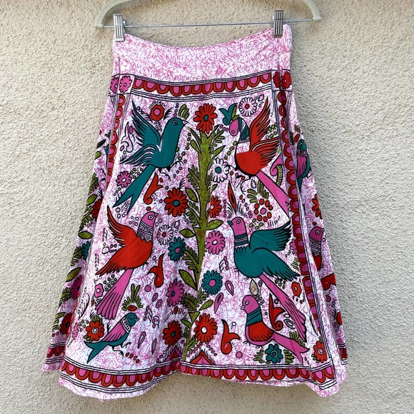 Anthropologie Dresses & Skirts - Anthropologie Odille Folk Bird Skirt 2 A-Line Full Pink Green